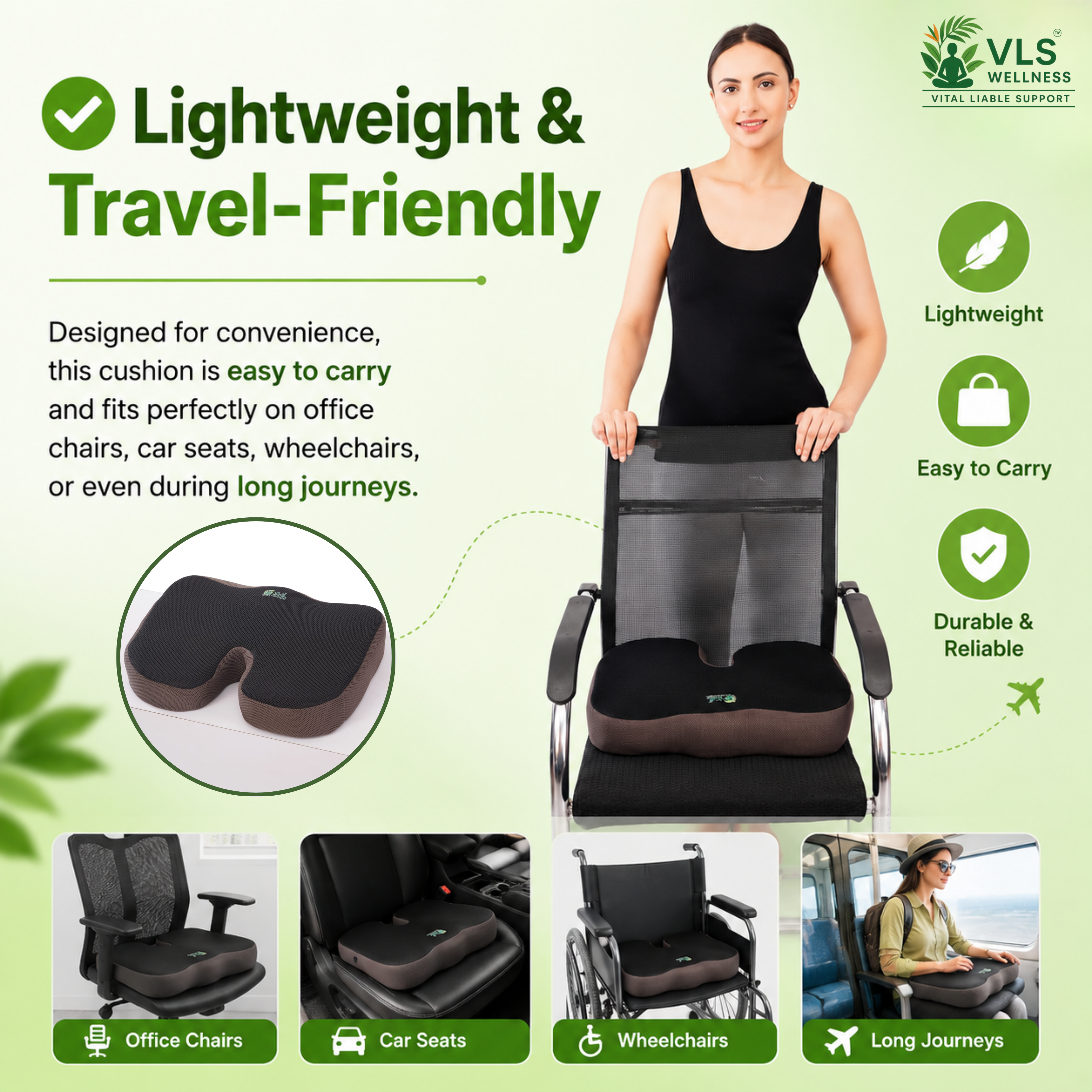 VLS Ortho Coccyx Cushion – High density Memory Foam Support with U-Shape Design