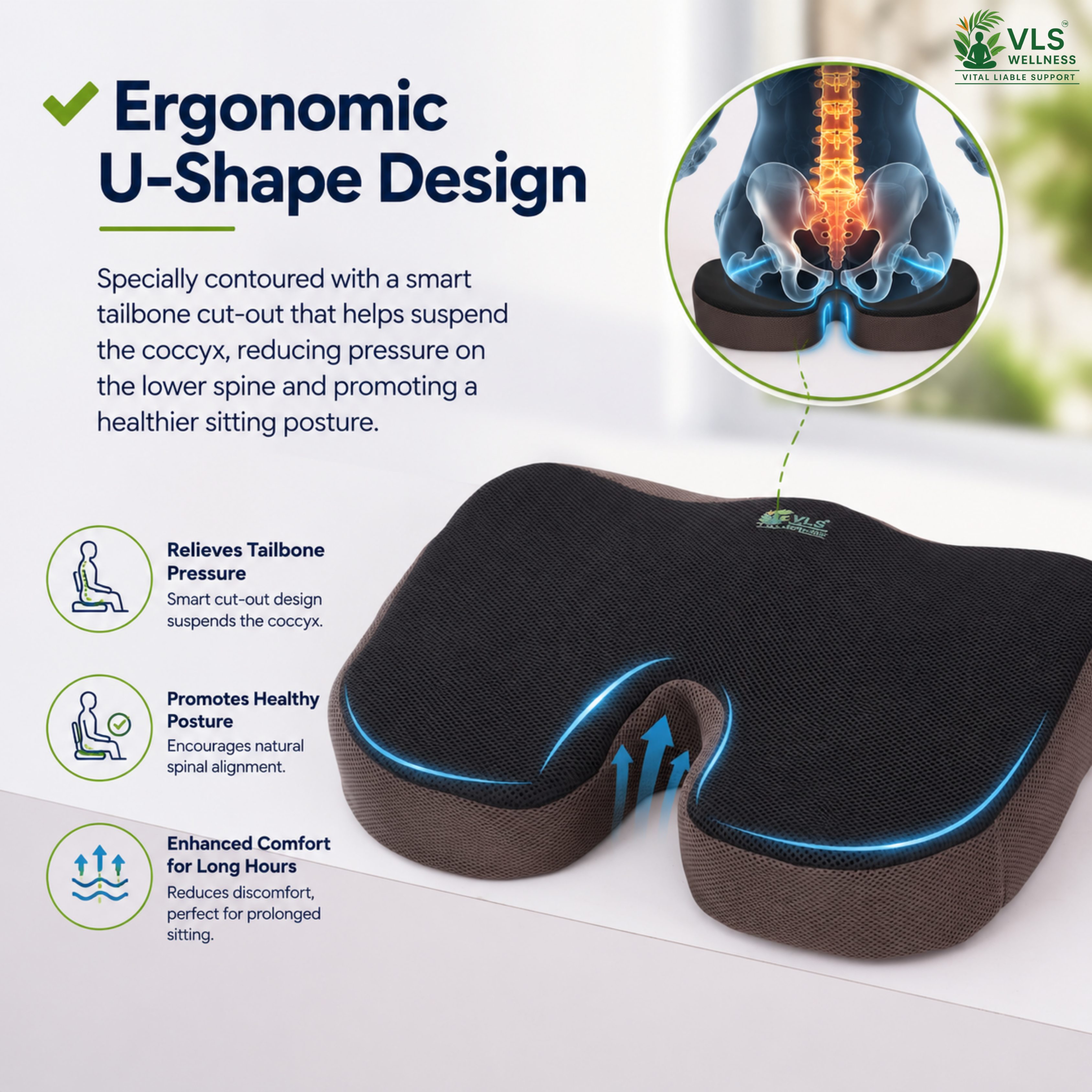 VLS Ortho Coccyx Cushion – High density Memory Foam Support with U-Shape Design