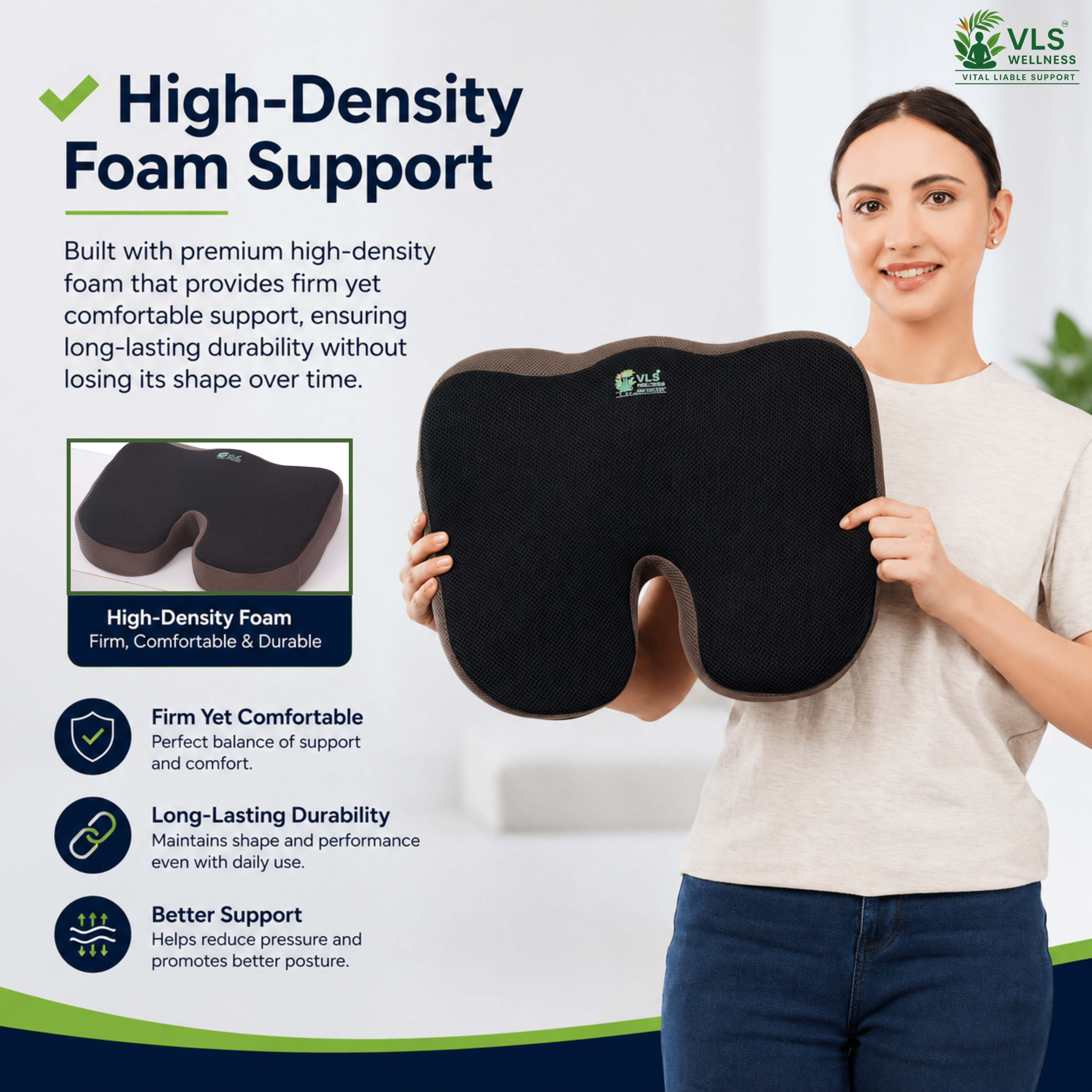 VLS Ortho Coccyx Cushion – High density Memory Foam Support with U-Shape Design