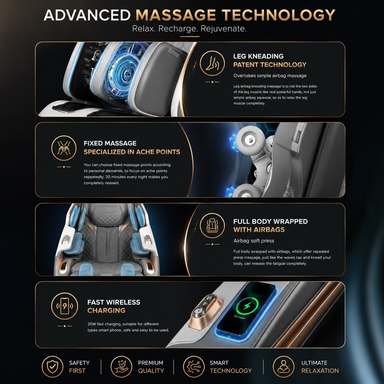4D Luxury Massage Chair 6 Rollers With Double Track